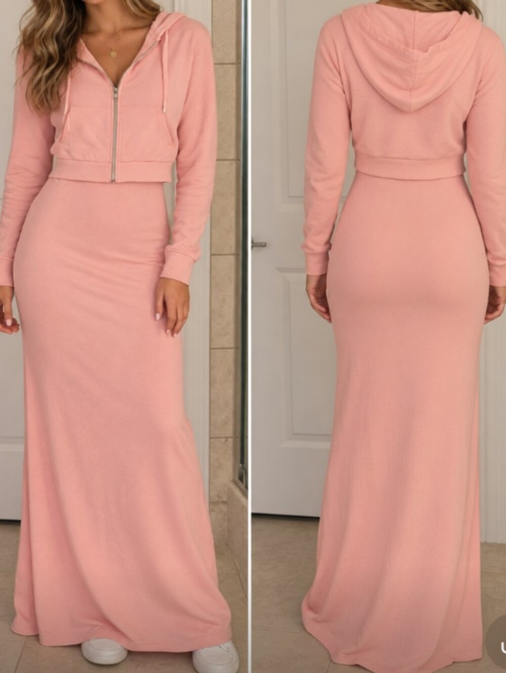 Women’s Pink Rib Knit Maxi Skirt and Crop Top Zip Up Jacket Set M